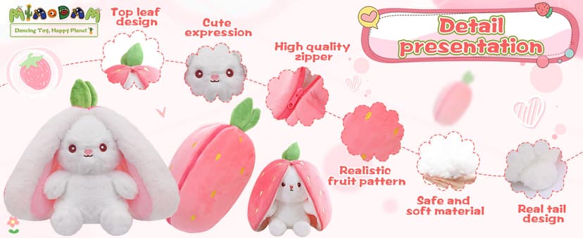 MIAODAM Bunny Stuffed Animal Reversible Cuddle Bunny Stuffed,Strawberry Bunny Transformed Rabbit Plush Zipper,Turns Into Ears Bunnies Plushies Toy Cute Stuffy Doll Easter