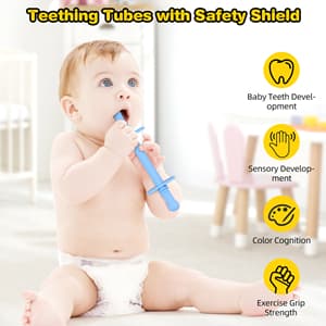 Fu Store Hollow Teether Tube 5PCS Chew Straw Toy for Infant Toddlers Silicone Tubes Teething Toys for Babies 3-12 Months BPA Free/Freezable/Dishwasher and Refrigerator Safe