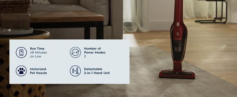 Electrolux Ergorapido Pet Cordless 2-in-1 Vacuum Cleaner with Motorized Pet Nozzle for Easy Pet Hair Removal, 48-Minute Run Time, 2 Power Modes, Chili Red