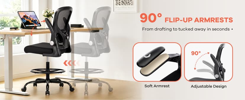 Drafting Chair, Tall Office Chair for Standing Desk, Mesh High Desk Chair with Flip-Up Armrests, Ergonomic Office Chair with Lumbar Support, Adjustable Footrest Ring Studio Chair, Black