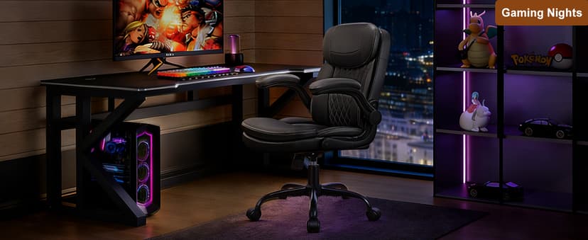 Leather Office Chair, Upgraded PU Computer Desk Chairs with Double-Layer Seat Cushion and Neckrest, 360°Swivel, Ergonomic Small Gaming Chair with Wheels and Adjustable Armrests for Short People, Black