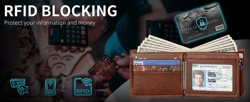 Artpaxy Mens Wallet Genuine Leather Bifold RFID Blocking Wallet for Men with 1 ID Window 13 Card Holders 2 cash pockets 1 Gift Box