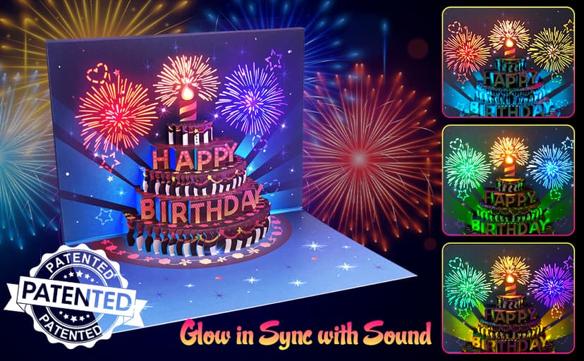 INPHER Birthday Cards Fireworks Pop Up Cake Light and Music Happy Birthday Gifts Decorations for Women, Men, Mom, Grandma