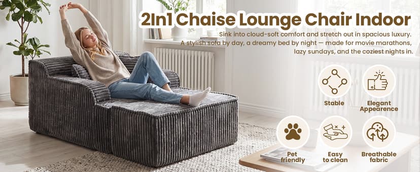 Chaise Lounge Chair Indoor,Boneless Chair with Ottoman,Comfy Reading Chair for Adults,Small Sofa Bed Couch for Living Room,Single Sleeper Chair Bed,Grey