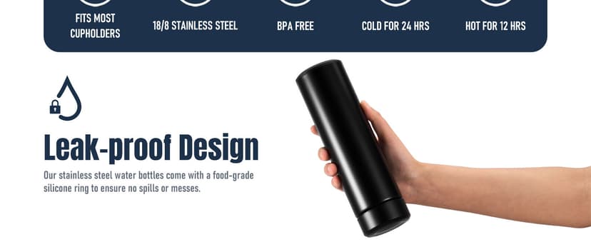 17oz Stainless Steel Water Bottles, Slim Water Bottle, Thermo Water Bottle, Insulated Water Bottle Keep Hot for 12 Hrs, Cold for 24 Hrs for Coffee, Drinks(Black)