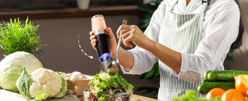 Sangcon Gravity Electric Salt and Pepper Grinder Set Automatic Shakers Mill Grinder with LED Light, BATTERY POWERED Adjustable Coarseness One Hand Operation, Upgraded Larger Capacity