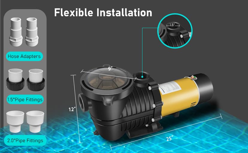 2.0HP Two Speed Energy Saving Pool Pump for In/Above Ground Pools - 230Vac 6600/2640GPH - Swimming Pool Motor with 1.25" & 1.5" & 2.0" pipe adapters - Centrifugal pumps