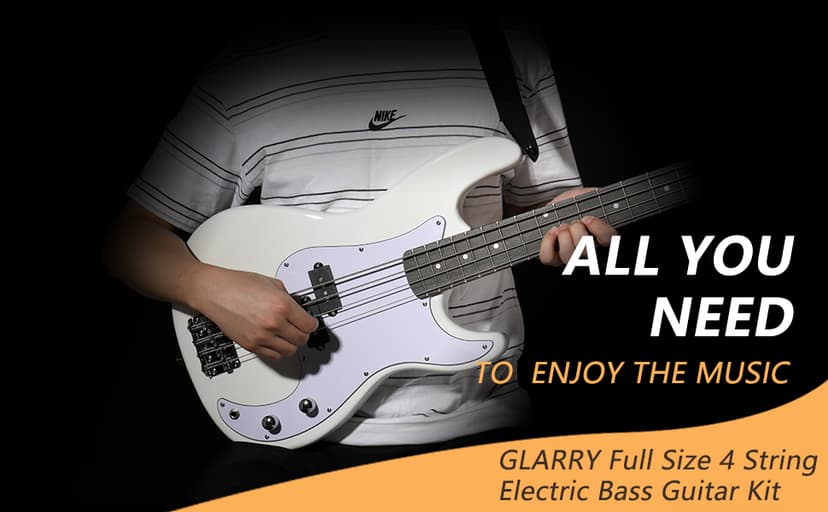 GLARRY Full Size Electric Bass Guitar Beginner Kit 4 String Exquisite Basswood Bass with 20W AMP, Cable, Strap, Bag and Accessories (White, 39"Right Handed)