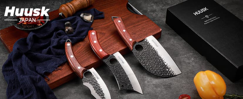 Huusk Butcher Knife Set Hand Forged Serbian Chef Knife Viking Boning Knife Cleaver Knife 3PCS Kitchen Knife Set for Meat Cutting Home & Outdoor Cooking BBQ Knives Gift for Men