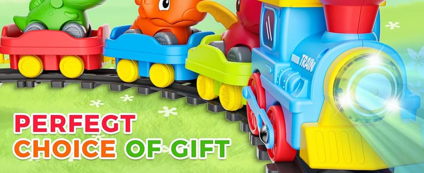 Train Set for Toddlers w/Steam, Music & Lights - Electric Train Toys for Kids w/Tracks Accessories, Including 3 Dinosaur Car and 3 Trailer; Gifts for 1-3 4 5 6+ Years Old Boys Girls