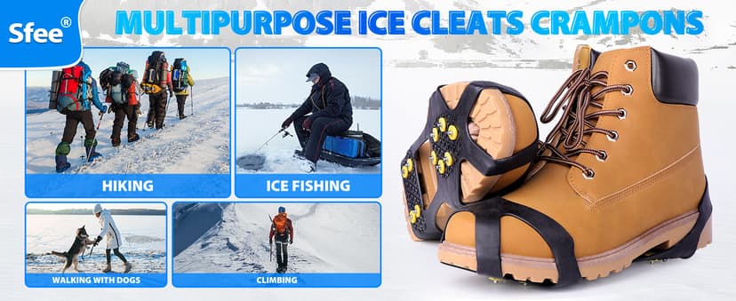 Sfee Ice Cleats for Boots Shoes, Snow Grips Cleats for Ice and Snow Anti-Slip Rubber Traction Cleats for Walking on Snow and Ice 10 Steel Studs Crampons for Hiking, Walking, Climbing, Jogging