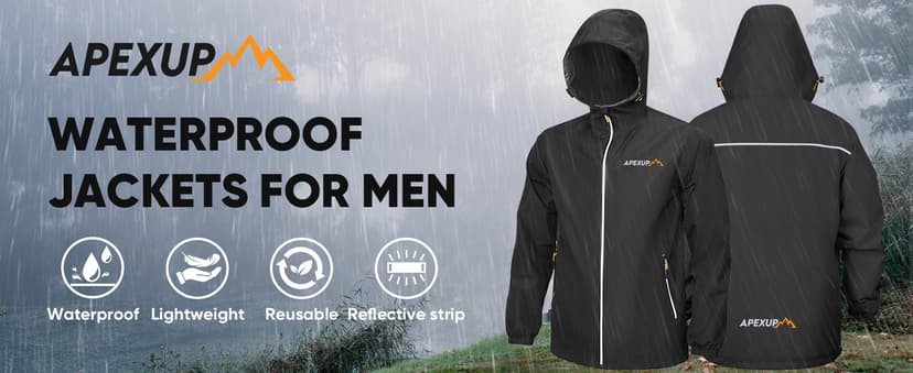 APEXUP Packable Rain Jacket Men with Reflective Zipper, Lightweight Waterproof Raincoat, Mens Rain Jacket for Outdoor Sports