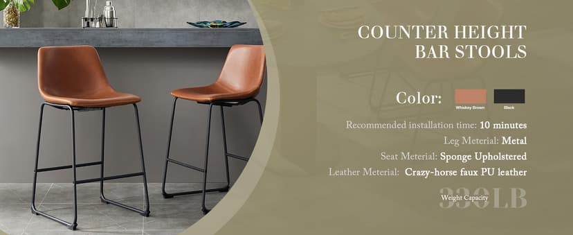 DUMOS 26 Inch Counter Height Bar Stools Set of 4, Modern Faux Leather High Barstools with Back and Metal Leg, Upholstered Bar Chairs for Kitchen Island, Brown
