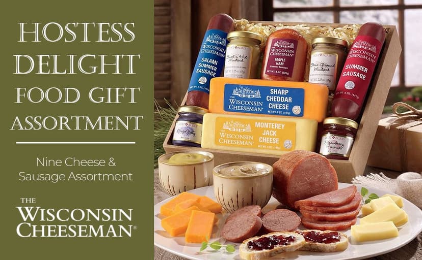 The Wisconsin Cheeseman Hostess Delight Gift Basket with Summer Sausage Meats and Cheeses – Charcuterie Boards for Holiday or Thank You Gifts for Adults, Women, and Men