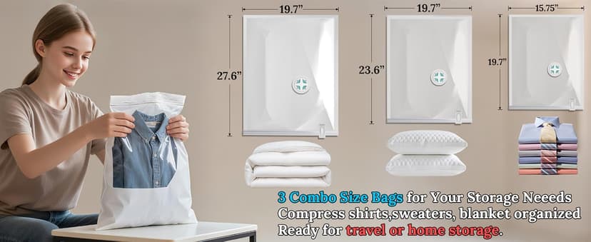 Vacuum Sealing Bags for Clothing Travel,Space Saver Vacuum Storage Bags with Air Pump,Compression Packing for Luggage and Clothes Travel (12 Combo Bags+Electric Pump)