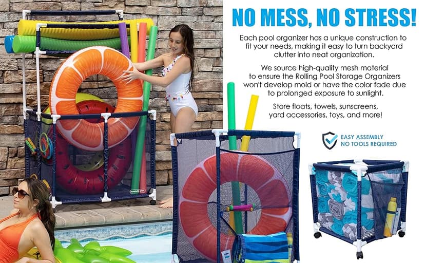 Essentially Yours Pool Storage Equipment Organizer Holder - Noodles, Toys, Balls and Floats Mesh Rolling Double Decker Bin, Large with Noodle Holder, (35.3" W x 23" L x 59.4" H), Brown Style 561935