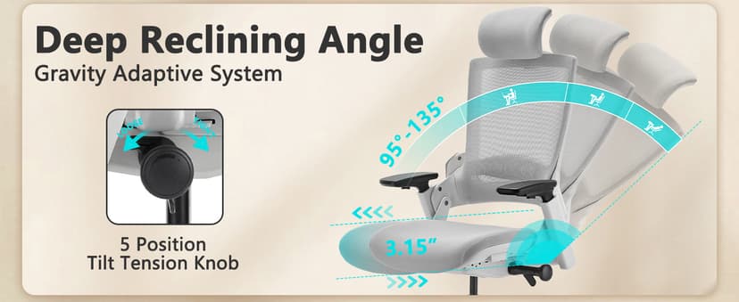 CLATINA Ergonomic High Swivel Executive Chair with Adjustable Height Head 3D Arm Rest Lumbar Support and Upholstered Back for Home Office Gray Mesh/High Back
