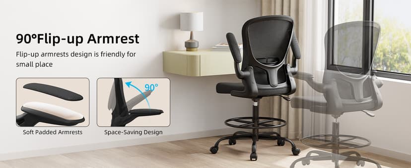 Drafting Chair, Tall Office Chair with Flip-up Armrests Executive Ergonomic Computer Standing Desk Chair, Office Drafting Chair with Lumbar Support and Adjustable Footrest Ring
