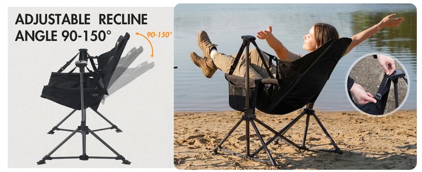 Portal Hammock Camping Chair Heavy Duty 400lbs - Swinging Chair Outdoor with Adjustable Recline & Headrest Pillow, Portable Hammock Swing Chair for Camping Beach Sports Events, Black