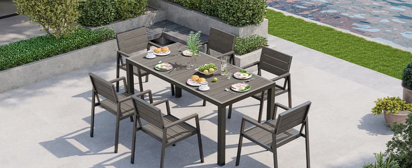 Vexwalx 7-Piece Outdoor Dining Set, Aluminum Dining Table Set for 6, Patio Table and Chairs Set with Umbrella Hole, All Weather HDPS Outdoor Table and Chairs for 6 (Gray-Teak)