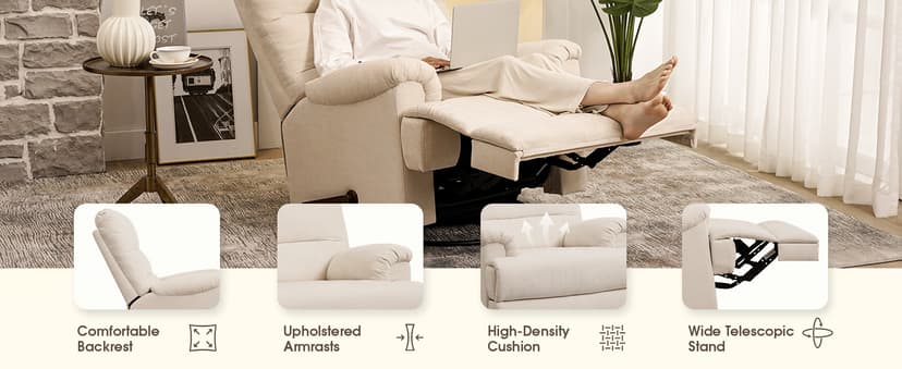 Large Glider Rocker Recliner,Beige Swivel Rocking Recliner Chair,Reclining Sofa Rocking Chair Nursery,23 Inches Deep Seat & 27 inches High Back,for Living Room, Bed Room (Beige)