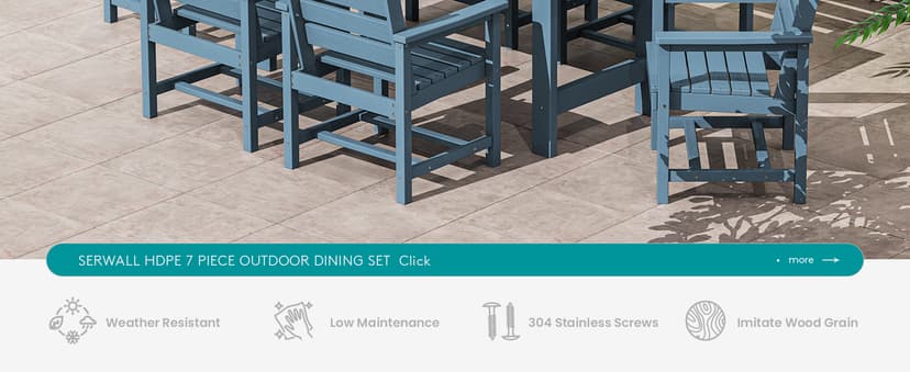 SERWALL 7-Piece Patio Dining Table Sets, Outdoor HDPE Dining Furniture Set with Umbrella Hole Cut-Out Table and 6 Chairs, Blue
