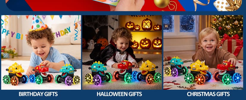 LED Wheels Dino Truck Toys for Toddler Boys Girls Gifts, Dinosaur Cars for 2 Year Old Boy Christmas Birthday Gifts Monster Truck Toys Dinosaur Cars, Press and Go Light Up Cars for Toddlers B0F5PVJJ9J