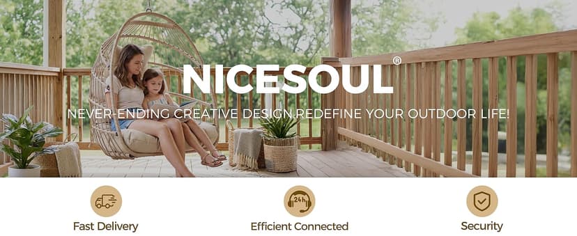 Nicesoul Outdoor Hanging Egg Chair Without Stand, Patio Wicker Swing Egg Basket Chairs with Padded Cushion, 350 Lbs Comfy Cozy Ceiling Tree Swinging Egg-Shaped Chair No Stand for Indoor Balcony, Beige