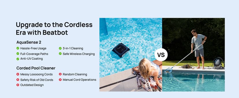 (2025 Upgrade) Beatbot AquaSense 2 Cordless Robotic Pool Vacuum Cleaner, Smart Surface Parking, Double-Pass Waterline Scrubbing, Cleans Floor, Walls and Waterline, Light Blue