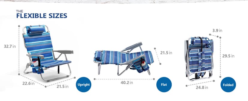 PASAMIC Backpack Beach Chair for Adults Portable, Lay Flat Reclining Beach Chair with 5 Positions, Tall Heavy Duty Folding Chairs with Cup Holder, Cooler Pouch, Towel Bar, Multicolor Stripe