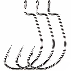 FINOSEAK 120Pcs Bass Hooks Set, Strong Offset Bass Fishing Hooks Freshwater Barbed Sharp Worm Hooks for Texas Rigging Fishing Extra Wide Gap 6 Sizes Assorted #1 1/0 2/0 3/0 4/0 5/0