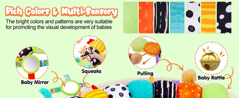 Baby Sensory Toy 0-6 Month Music Animal Stuffed Plush Caterpillar Toy for Infant 0-3-6-12 Month Old Tummy Time with Baby Mirror Crinkle Rattle Carseat Toys for Newborn Boys Girl Shower Gifts