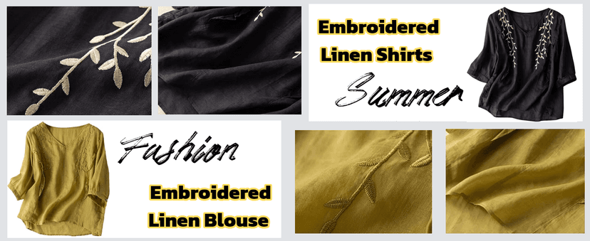 MGWTFZDL Linen Shirts for Women Summer Retro Embroidered 3/4 Sleeve Boho Peasant Tops Dressy Casual Blouses