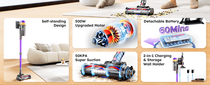 Cordless Vacuum Cleaner, 500W 50KPA 60Mins Vacuum Cleaners for Home, Self-Standing Stick Vacuums with LED Display, Anti-Tangle, Lightweight, Rechargeable Wireless Vacumm for Pet Hair Carpet Floor