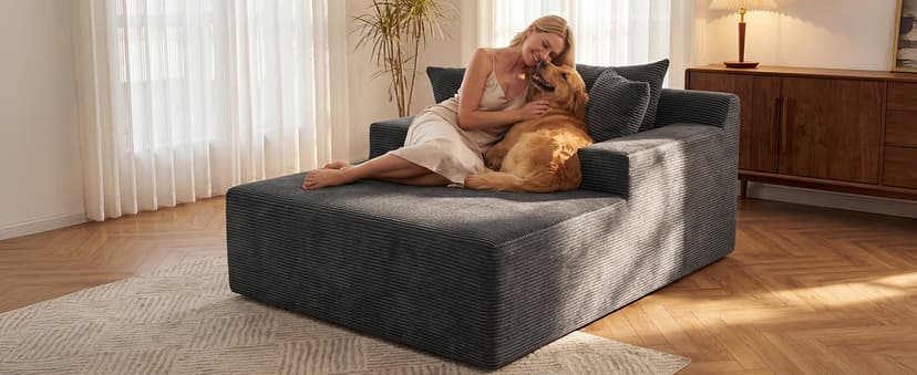 66" Chaise Lounge Chair Indoor, Oversized Boneless Lounge Chair with 3 Pillows, Corduroy Cloud Reading Chair for Living Room Bedroom, Deep Seat Sleeper Couch, No Assembly Required