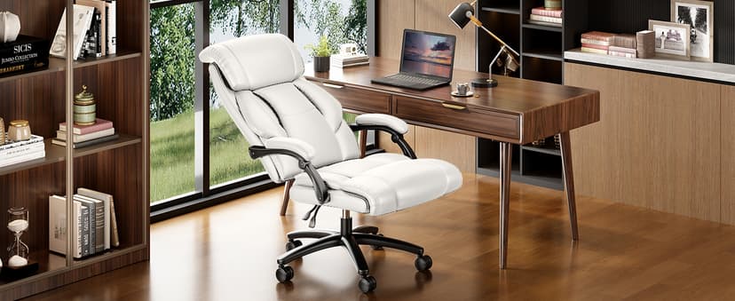 Ollega Reclining Office Chair, Executive Big and Tall Office Chair with Wide Seat, Recliner Leather High Back Computer Desk Chairs (White)