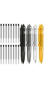 Origin-Joy 2 Pack Tungsten Steel Military Tactical Pen Set, Multifunctional EDC Self Defense Pen With 8 Ballpoint Refills (Black & Gray)