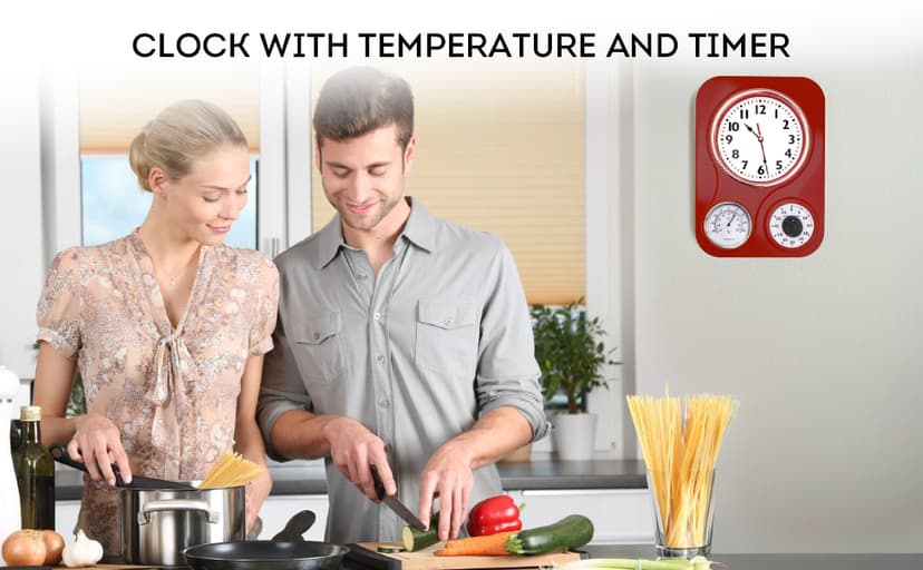 Lily's Home -9.5 Inch x 12.5 Inch -Retro Kitchen Wall Clock, Vintage Wall Clock with a Thermometer and 60-Minute Timer, Ideal for Any Kitchen, Office, or Diner (Retro Red)