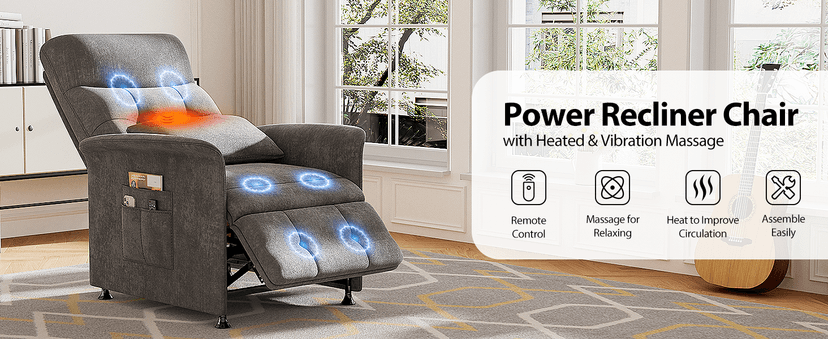 Power Recliner Chair for Adults with Heat & Massage - Soft Fabric Electric Reclining Sofa with Remote Control, 180° Lay Sleeper 3 Side Pockets for Living Room Home Theater, Dark Grey