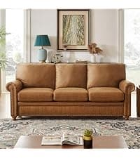 ONBRILL Faux Leather Sofa, 84 Inches Nailhead Trim Couch for Living Room, Mid-Century Modern Deep Seat Sofa with Rolled Arms, Classic 3 Seater Couch for Apartment, Office, Brown