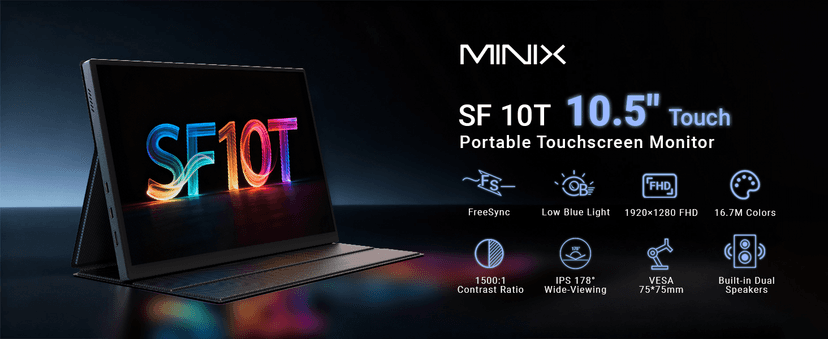 MINIX SF10T Portable Monitor 10.5 inch Touchscreen Laptop Monitor IPS 178° Wide-Viewing/Built-in Dual Speakers Low Blue-Light/HDR Eye Care External Screen w/Smart Cover for Mac PC Xbox PS4/5 Switch