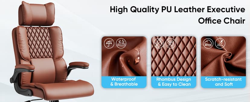 Sytas Executive Office Ergonomic Chair with Adjustable Headrest, PU Leather Desk Chair, High-Back Swivel Task Chair for Home Office, 135° Reclining, Brown