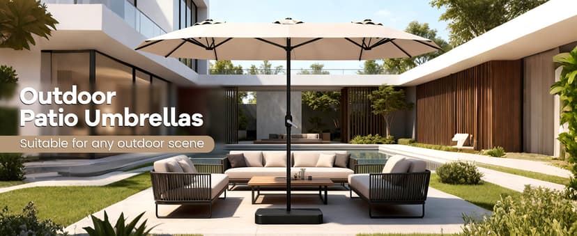 15ft Patio Umbrella with Base,Large Outdoor Double-Sided Rectangle Umbrella with Crank Handle, Market Umbrella for Poolside Garden Deck Backyard Beach Pools, Beige