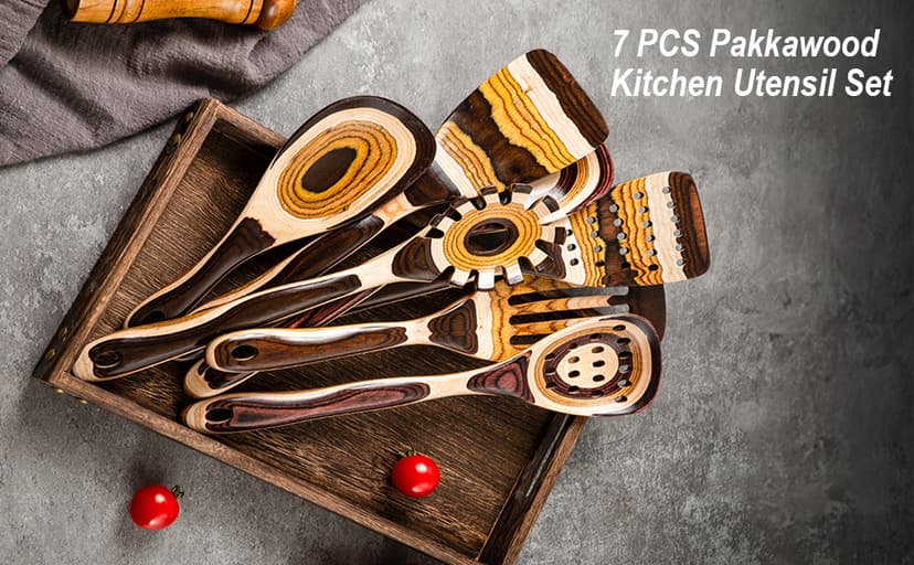 Gudamaye 7-Piece Brown Pakkawood Utensils Set – Sturdy, Eco-Friendly, Wooden Spoons for cooking, Wooden Utensil for cooking, Wooden Kitchen Tool, Home & Kitchen Gifts for Men and Women