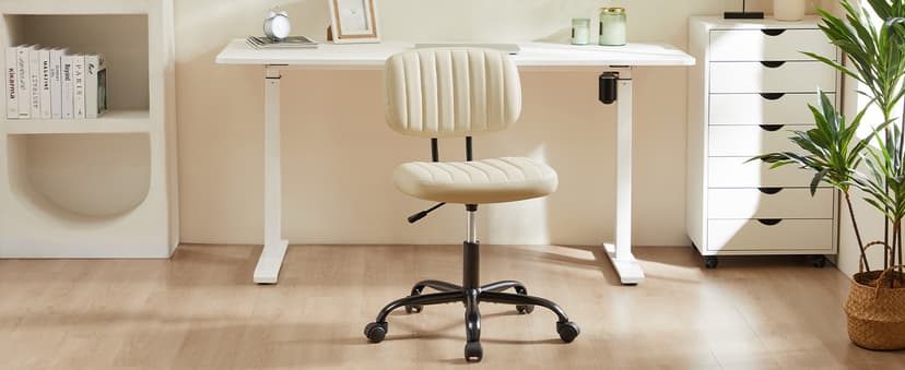 Sweetcrispy Small Office Desk Chair - Armless PU Leather with Comfy Lumbar Support, Height Adjustable Rolling Swivel Task for No Arms, for Adult, Student, Bedroom, Home, Vanity, Beige White