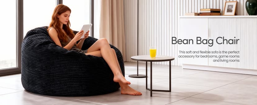 Bean Bag Chairs for Teens, 3FT Bean Bag with Memory Foam Filling, Bean Bag Chairs with Plush Microfiber Removable Cover, Cozy Sofa for Reading, Gaming- Black