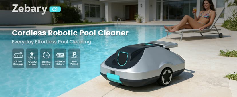 C1 Robotic Pool Cleaner, 200-Min Cordless Pool Vacuum for Above Ground & Inground Pools up to 2500 Sq.ft, Automatic Pool Vacuum Robot for Leaves & Dirt, Powerful Suction Self-Parking-Teal
