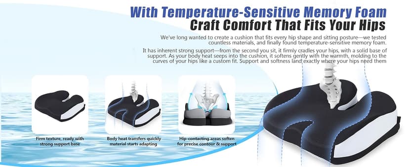 Seat Cushions for Office Chairs Wheelchair Cushion for Long Sitting Back Pain,Memory Foam Seat Car Computer Desk Chair Cushion,Coccyx Cushion for Tailbone Pain Relief Cushion Office Chair Black