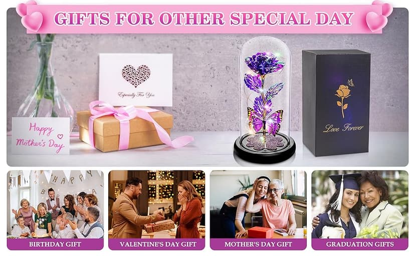 Birthday Gifts for Women Mom, Galaxy Glass Rose Forever Eternal Crystal Flower Light Up Rose in Glass Dome with Butterfly Mothers Day Christmas Rose Gifts for Her Wife Daughter Friends Colorful