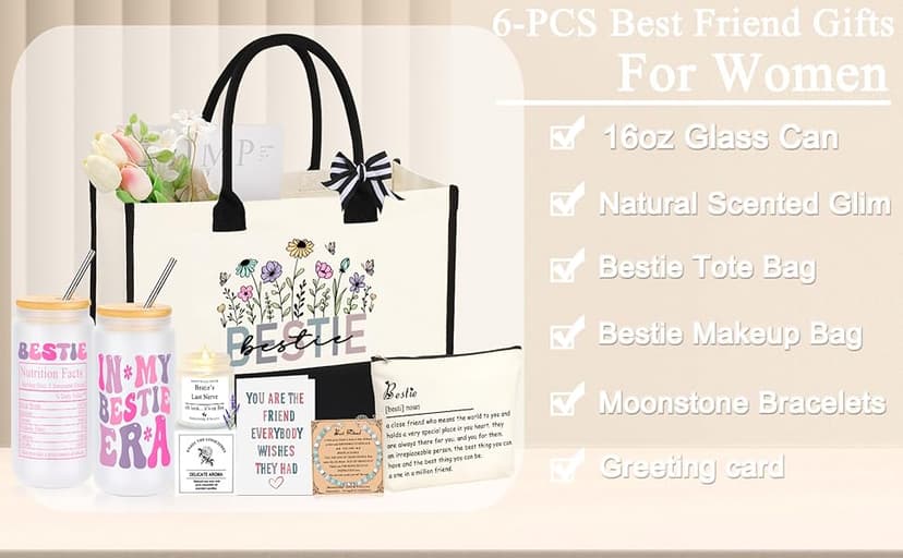 Best Friend Bestie Birthday Gifts for Women, Friendship Gifts for Best Friend Woman, Christmas Mothers Day Valentines Bestie Ideas Presents Basket Set of 6